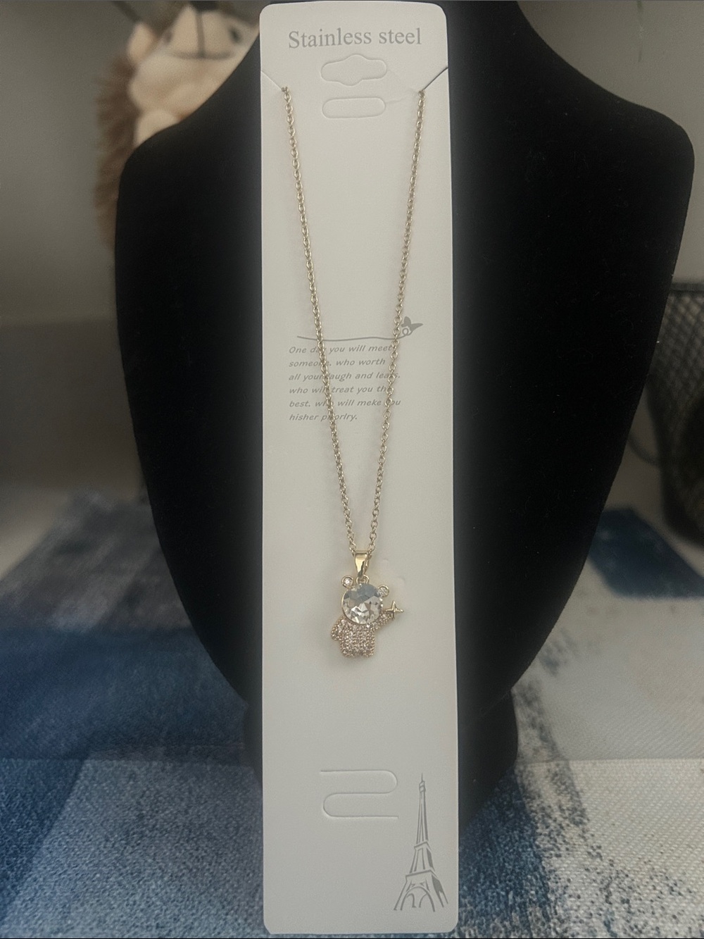 Gold-Tone Teddy Bear Pendant Necklace with Crystals - Stainless Steel